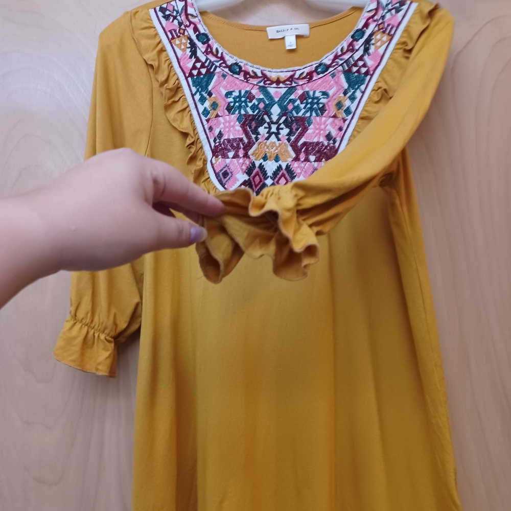 Yellow Boho Ruffle Embroidered Top S Boho Hailey … - image 3